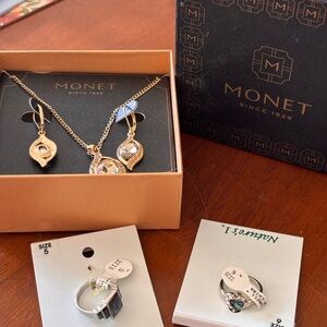 Monet Gold-Tone Teardrop Crystal Necklace and Earring Set and 2 assorted Rings